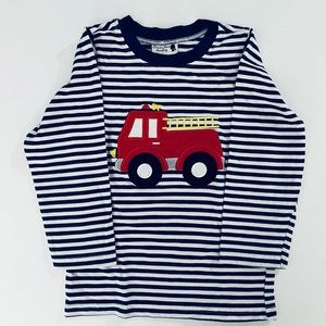 Boys - Dressie Jessie Navy Blue Striped embroidered fire truck top. Size 5
